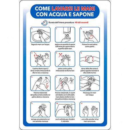 CARTELLO 'COME LAVARSI LE MANI CON ACQUA E SAPONE' cm 20 x 30 - alluminio