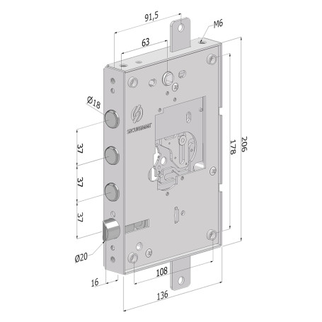 SERRATURA DA APPLICARE TRIPLICE PER PORTE BLINDATE SENZA NUCLEO  250  interasse pistoni 28 mm  - DX