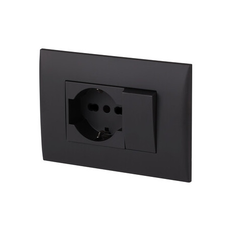 PLACCA C\SUPP PULSANTE+PRESA BIPAS SCHUKO NERO