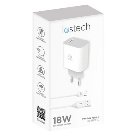 CARICABATTERIA DA MURO DUE USCITE CARICA ULTRA RAPIDA uscita USB / USB-C - pot.max 20W