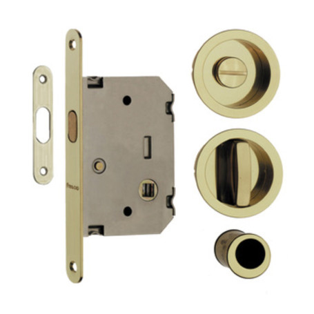 KIT MANIGLIE TONDO C\SERRATURA PORTE SCORR ORO